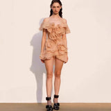 And Summer 2025 Spring And Summer Petal Lotus Leaf Side Shoulder Dress V Collar Short Skirt