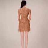 And Summer Lace Dress Long-Sleeved Three-Dimensional Petals Curry Short Skirt