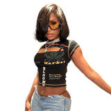 Round Collar Letter Print Sexy Hollow Short-Sleeved T-Shirt Girl New Hottie Fashion Top DJPT