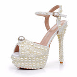 Cm High-Heeled Sandals Rice Pearl Fish Mouth High Heel Sandals Fine Heel Waterproof Table Bridal Wedding Dress Sandals High Quality Shoes