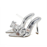 Toes 2024 Summer New Flower Decoration Sharp Head Heel With Silver Slippers High Quality Shoes