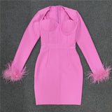 Women's Clothing 2025 Spring New Bandage Dress Elegant Square Collar Feathers Long-Sleeved Dress Dress