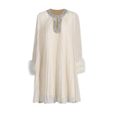 Court Niche Design Mid-Term 2025 New Diamond-Coated Collar Hollow Long-Sleeved Ostrich Wool Dress