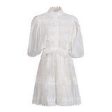 Luxury Wind Hollow Lace Splicing 2025 Summer New Lantern Sleeve Buckle Long Solid Female Dress