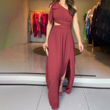 Summer Slanted Shoulder Sexy Dress High Waist-Rise Open Fork Dress