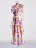 Bohemian Style Elegant Wind 2025 Summer Round Lead Flying Sleeves To Close The Waist Chopped Flower Long Dress Woman