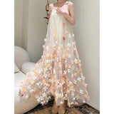 Fairy Multicolored Flower Netɴ Dress 2024 New Dream Sweet Sleeveless Suede Dress