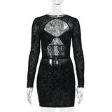 Sexy Lace Stitched Hollow Long-Sleeved Dress Female 2025 Babes Hip Skirt DJPT