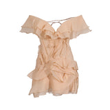 Dress Women 2025 Summer New Word Shoulder Lotus Side Splicing Clear Croover Design Design Skirt