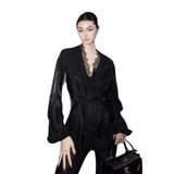 Sanguan Black V-Neck Long-Sleeved Lace Shirt Female New High-End Temperament Retro Bottoming Top