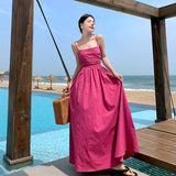 Holiday Summer French Rose Red Sling Corset Dress High-End Waist Big Skirt Beach Dress