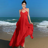 Dress Sexy Temperament Hanging Neck Hanging Dress Women Summer Dress Red Bare Back Seaside Vacation