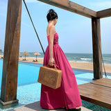 Holiday Summer French Rose Red Sling Corset Dress High-End Waist Big Skirt Beach Dress