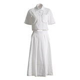 Lace Embroidery Set 2025 Spring New Collar Short-Sleeved Shirt High-Waist Long Dress Solid Color Woman