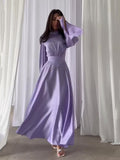 Summer New Fashion Temperament Breathable Waist-Watery Pure-Color Long-Sleeved Dress