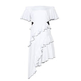 Temperament Dress Women's Dress 2025 Spring New Word-Collar Irregular Lace Splicing Beautiful White Dress