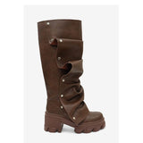 Women's Shoes New High-Heeled Thick-Hed Thick-Sed Round Head Metal Rivets Two Piles Of Heaps And Knee Boots Large Size Women's Shoes High Quality Shoes