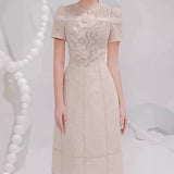 2025 Three-Dimensional Flower Embroidered Hollow Dress Round Collar Short-Sleeved Relief Dress