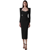 New Spring And Autumn Temperament Banded Skirt Square Horn Cushion Shoulder Long Sleeve Elastic Body Elegant Dress