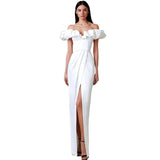 Women's High Open Commuting Dinner Dress A Word Shoulder Dress With Chest Lotus Leaf Side Dress