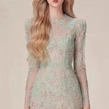 And Summer Lace Dress Long-Sleeved Three-Dimensional Petals Curry Short Skirt