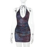 Print Deep V-Looled Dress Woman 2025 Spring And Summer New Sexy Thin Hanging Neck Bag Hip Dress DJPT