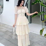 2025 Round Collar Folded Lace Yarn Cake Dress Dress