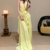 Sleeveless V-Necked Neck Dress With Wooden Ears Exposed Back Long Dress Beach Beach Seaside Holiday Dress