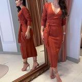 Women's Autumn V-Neck Long Sleeve Knitted High Waisted Tice With A Tinged Dress