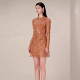 And Summer Lace Dress Long-Sleeved Three-Dimensional Petals Curry Short Skirt