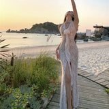 New Famous Sexy Lace Deep V-Neck Hanging Neck Dress Flowers Thin Leaves Side Open Fork Dress