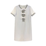 Diamond Drill Skirt 2025 Summer New Round Neck Short Sleeves Solid Color Waist Dress Dress Woman