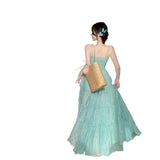 Vacation Photo High-Level Feeling Waist Beach Bare Back Big Skirt Sling A Word Long Dress