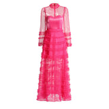 Elegant High-End Dress Women's New Spring 2025 Round Lace Splicing Perspective Mesh Yarn Cake Dress