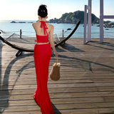 Style Sexy Hottie Suit Female V-Neck Hanging Neck Sling Vest High-Waisted Long Skirt Two Sets