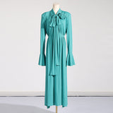 Spring New 2025 Three-Dimensional Flower Decoration Shoulder Horn Sleeve High-Waist Opening Dress Woman