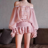 Spring And Summer New French Pure Desire Shoulder Bow Tective Chest Long Sleeve Fluffy Trouser Skirt