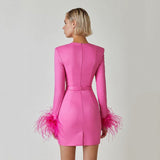 Women's Clothing 2025 Spring New Bandage Dress Elegant Square Collar Feathers Long-Sleeved Dress Dress