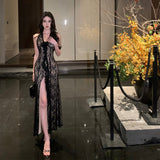 New Famous Sexy Lace Deep V-Neck Hanging Neck Dress Flowers Thin Leaves Side Open Fork Dress