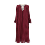 Selling Explosion Famous Wind 2025 Spring New Round Collar Studded Hundred Folded Ostrich Hair Pure Color Dress