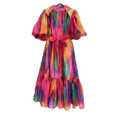 And Leisure Holiday Dress 2025 Summer New Loose Print Bubble Sleeve Tie Waist Dress