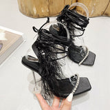 2025 New Catwalk Square Women's Shoes Water Drill Feathers With Summer High-Heeled Sandals Women High Quality Shoes