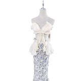 Design Feeling Heavy Industry Wrinkled Blouse Squint Fishtail Skirt High-End Two-Piece 2024 New