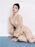 Autumn And Winter Australian Trendy Brand Lin Yuner Star Of The Same Retro Hollow Lace Lantern Sleeve Dress