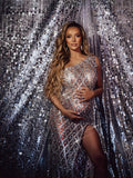 Summer Luxury Hot Diamond Pregnant Women Photo Dress Oblique Shoulder Slit Drill Pregnant Woman Photography Dress Maternity