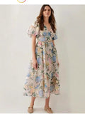 Dress 2025 Summer Seaside Vacation V Collar Bubble Sleeves Short Sleeve Splicing Big Swing Long Skirt Tide