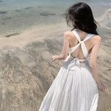 Dress 2024 New Sanya Hanging Neck Dress Sexy Bare Back White Sling Dress Holiday Dress