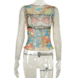 Autumn 2025 New Women's Clothing Vintage Quality-Renovined Print Mesh T-Shirt Woman DJPT