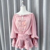 Spring And Summer New French Pure Desire Shoulder Bow Tective Chest Long Sleeve Fluffy Trouser Skirt