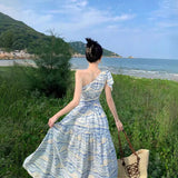 Tourism To Take Pictures Of Oblique Shoulder Dress Niche Design Temperament Waist Skirt Sanya Resort Beach Dress